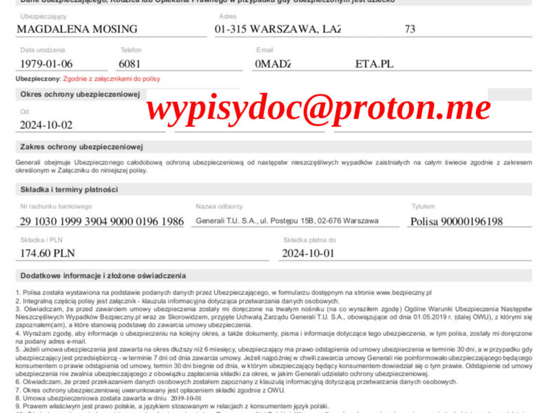 Badania Laboratoryjne, Faktury, Polisy, Świadectwa Pracy, Zaświadczenia